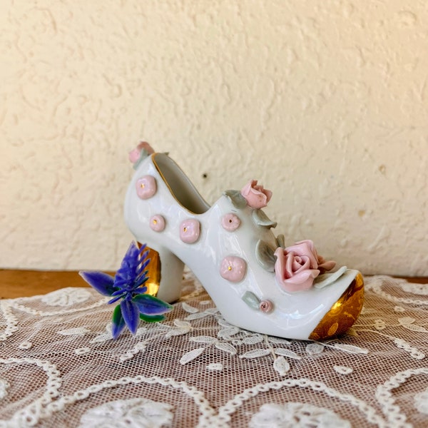 Vintage Miniature Ornate Porcelain Woman’s Shoe / Heel w/ Pink Rose Floral