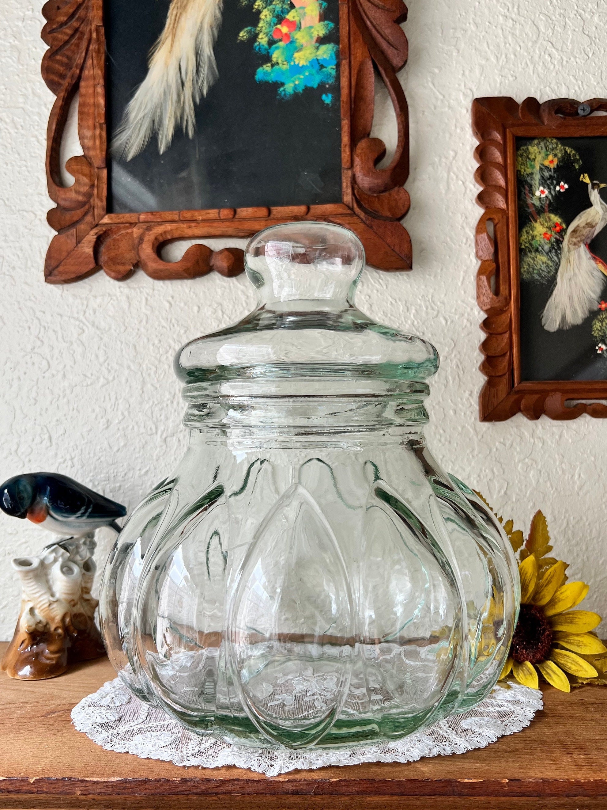 Vintage Amber Tinted Etched Glass Apothecary Jars Lidded Set Of