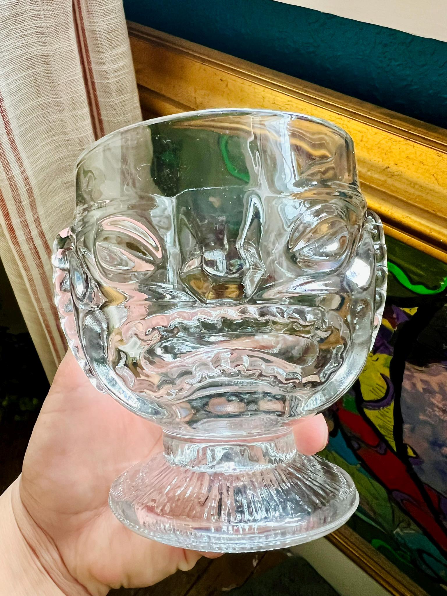 Vintage Clear Glass Double-sided Tiki Mug – Happy & Sad Face Two