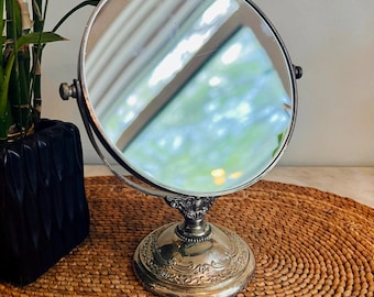 Vintage Silver Plated Vanity Mirror, Double Sided Swivel Magnifying Mirror, Hollywood Regency Decor