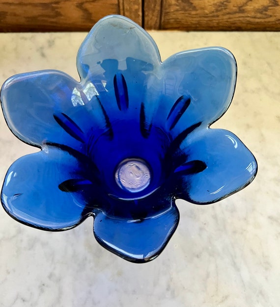 Cobalt Blue Flower-topped Vase - Handblown Recycled Glass, Made in