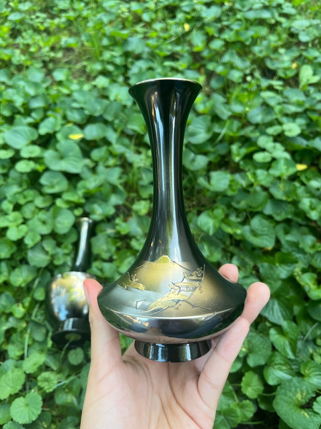 Vintage Japanese Brass Bud Vase With Mirror Glaze Set Etsy