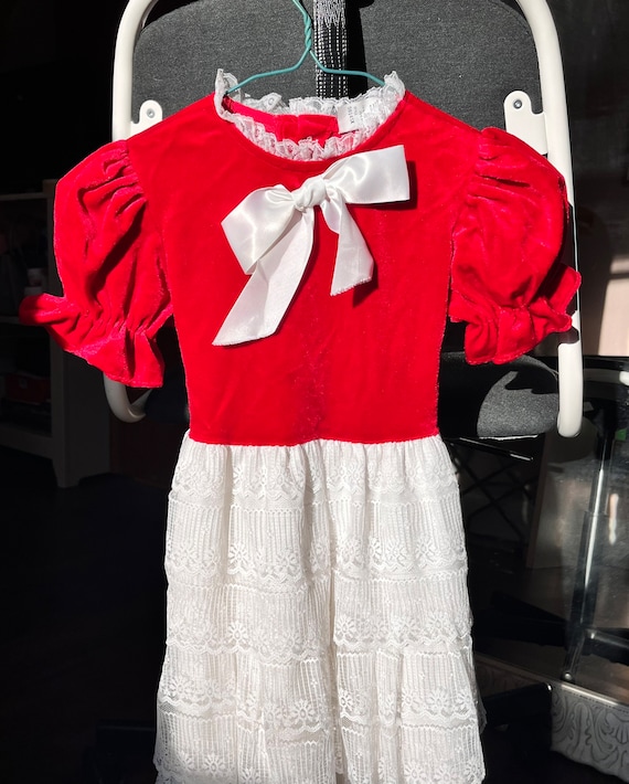 Vintage 70s Red Velvet Dress adorned with a White… - image 1