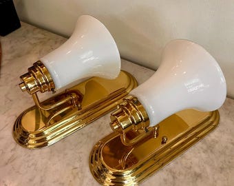 Vintage Art Deco Brass Wall Sconce Set, White Glass Shade Lighting, Hollywood Regency Decor