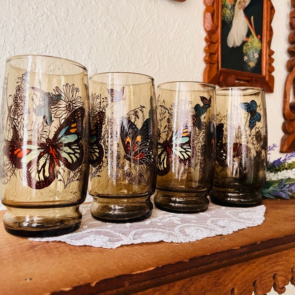 Vintage Anchor Hocking Brown Butterfly Tea Glass Tumblers