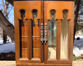 Vintage Wooden Jewelry Armoire Cabinet, Mirrored Necklace Carousel Storage, Mid Century Vanity Decor