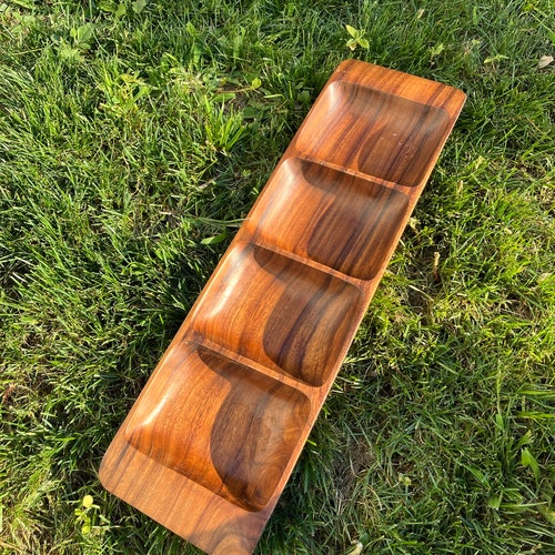 Long Divided Wooden Serving Tray Midcentury Modern Wood Bowl Etsy