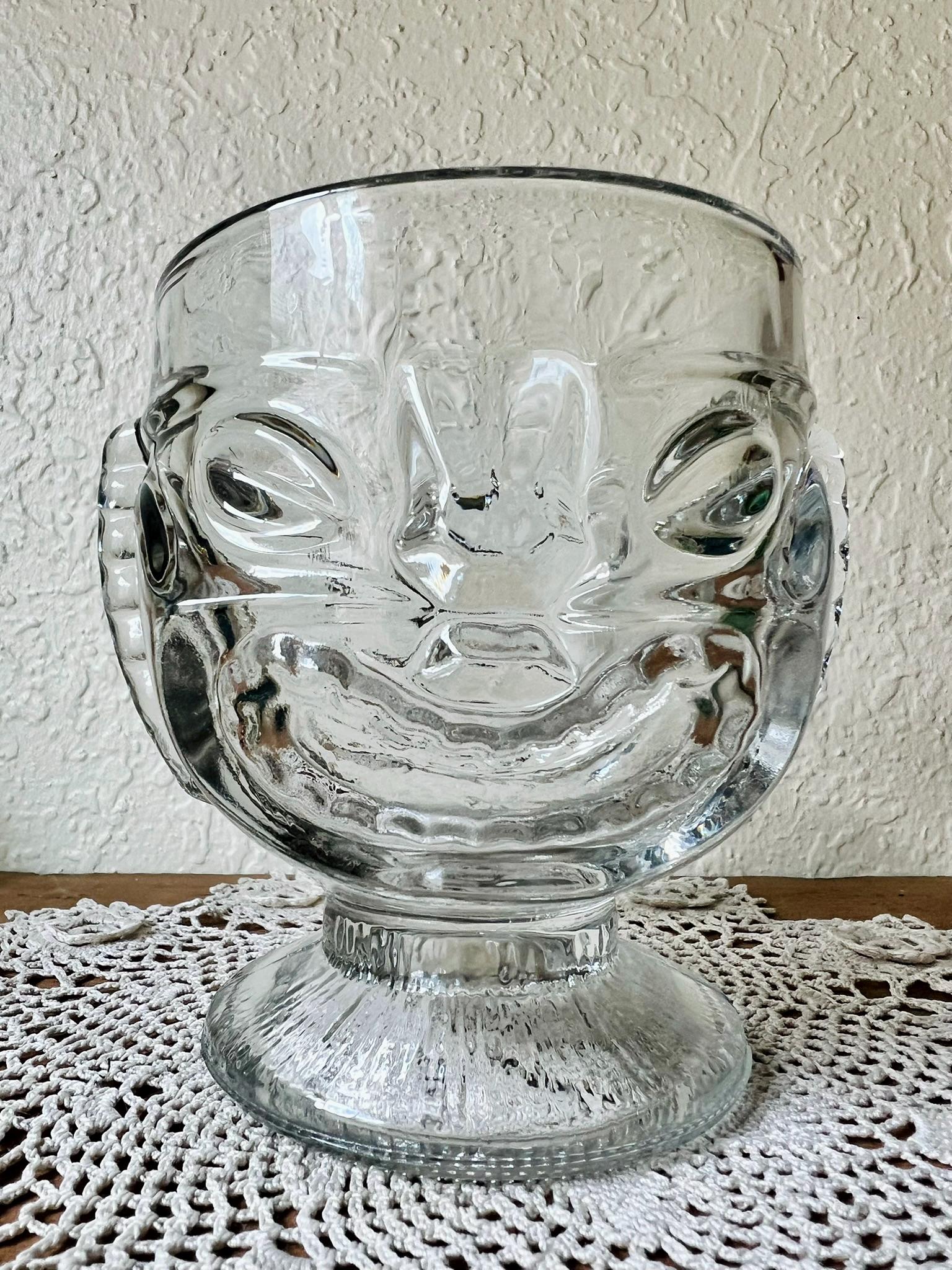 Vintage Clear Glass Double-sided Tiki Mug – Happy & Sad Face Two