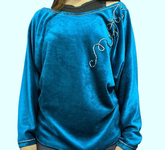 80s Wide Neck Teal Velvet Holiday Sweater - image 2