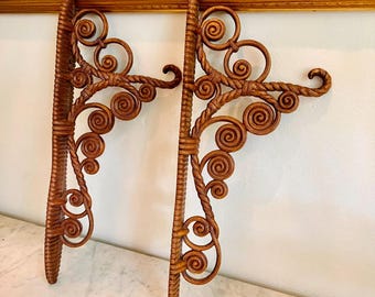 Vintage Burwood Faux Rattan Wall Brackets, Scrollwork Wall Shelves, Hollywood Regency Decor