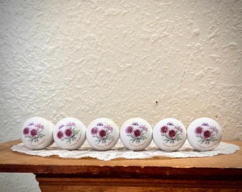 Vintage Flower Porcelain Knobs Set of 6