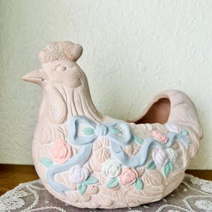 Vintage Ceramic Matte Terracotta Chicken Planter – Bow & Floral Detail