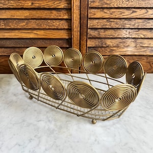 Vintage Goldtone Oval Swirl Metal Basket – Mid-Century Display Decor