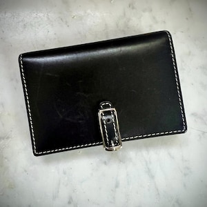 Vintage Coach Black Leather Wallet – Latch Front, Red Interior, White Stitching