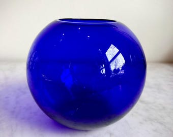Vintage Cobalt Blue Bubble Bowl Vase, Round Sphere Glass Vase, Retro Art Glass Decor