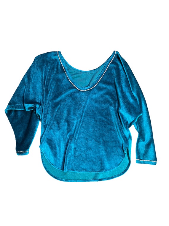 80s Wide Neck Teal Velvet Holiday Sweater - image 3