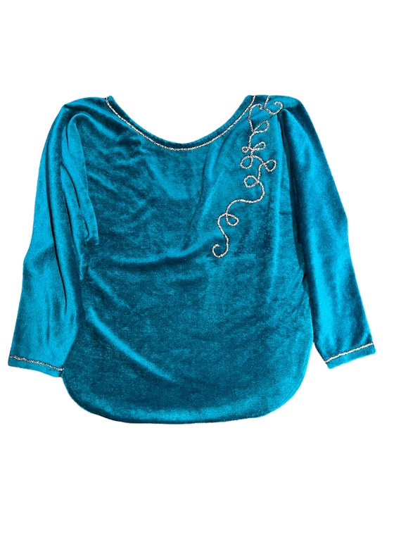 80s Wide Neck Teal Velvet Holiday Sweater - image 1