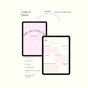 Peut inclure: Un carnet numérique de soins personnels avec un fond rose et des cœurs. Le carnet comprend des sections pour les suivis de soins personnels, l'humeur du jour, les rappels et les intentions du jour. Le texte "Une page simple d'utilisations infinies" est en haut de la page.