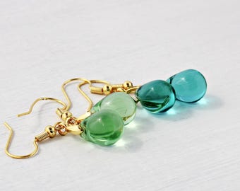 Minimalist Glass drop Earrings in Gold with color choice of Peridot or Teal. Jewelry gift for her
