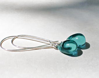 Teal Peridot Tear Drop Glass Earrings: Long Silver Kidney Wire earrings. Color Choice earrings. Jewelry gift for her