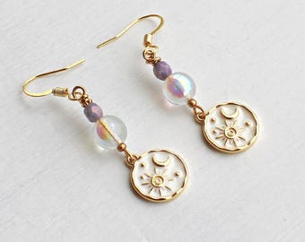 Moon and Sun Gold Charm Earrings with Rainbow and Lavender Glass Beads. Jewelry Gift for her