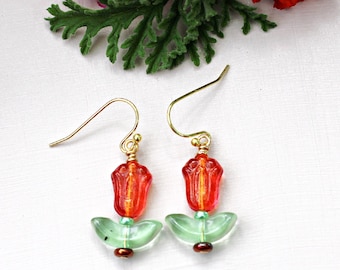 Dainty Lemon Fuchsia Glass Tulip Flower Earrings.  Jewelry gift for her