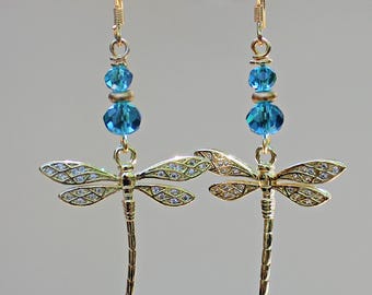 Gold Dragonfly Charm Earrings with Indicolite Blue Glass Beads. CZ paved wings. Choice of bead color earrings for women