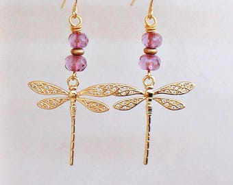 DragonFly Earrings in gold over brass with CZ paved wings and Copper French Rose Glass beads.  Jewelry Gift for Her.