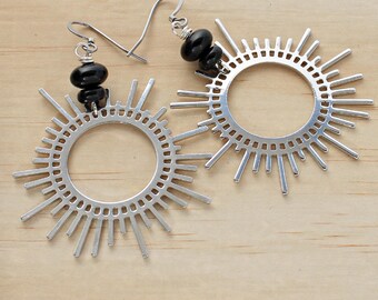 Large Silver Sun burst Earrings with Black Onyx stones. Art Deco Sunburst. Jewelry gift for her