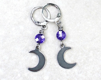Stainless Steel Half moon earrings with Dark Purple CZ beads. Jewelry gift for her