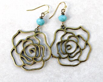 Large Bronze Flower Turquoise Glass Earrings. Jewelry gift for her