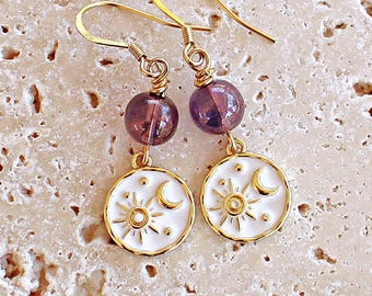 Gold Moon and Sun Charm Earrings with Purple Glass Beads. Jewelry Gift for her