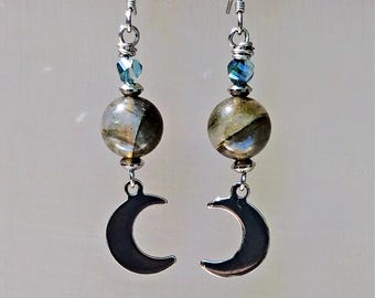 Natural Labradorite stones Steel Moon charm Earrings with blue glass beads. Gift for her