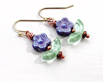 Purple Daisy Glass Earrings made with solid copper wire.  jewelry gift for her