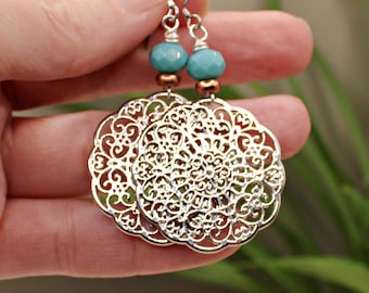 Silver Mandala Earrings with Turquoise Glass Beads, Mixed Metal Boho Jewelry.