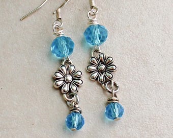 Silver Daisy Dangle Earrings with Sky Blue Glass beads. Jewelry gift for her