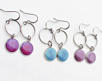 Modern Blue and Purple Resin Pendant Earrings in Stainless steel. Color Customizable earrings