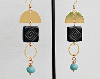 Long Boho Gold Earrings with Turquoise and Black Glass beads. Jewelry gift for women