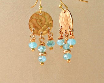 Dainty Aqua Glass Gold Chandelier Earrings: Gold Brass Vintage Hammered disk. minimalist jewelry for women