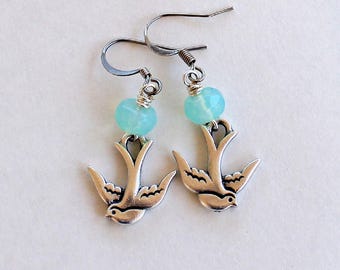Bird dangle earrings with Blue Opal Glass. Silver Swallow earrings. Jewelry for her