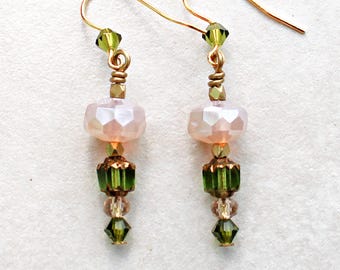 Pink Opal and Olivine Czech Glass Earrings: Handmade with Gold Alpha Brass Wire. Gift for her.