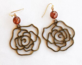 Large Flower Bronze Earrings with fall colored glass beads. Earthy Bohemian flower earrings. Jewelry gift for her