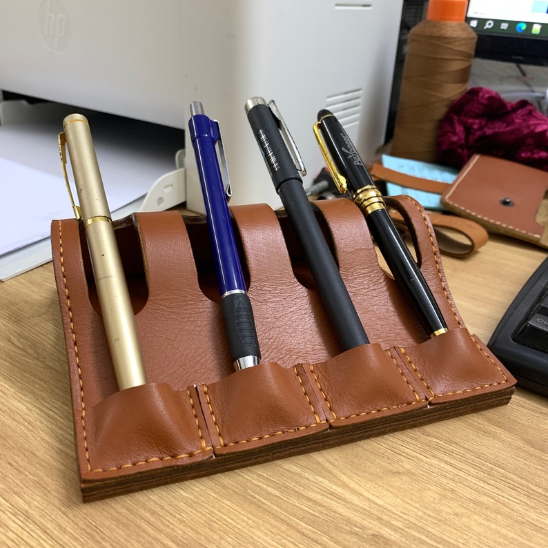 Leather fountain pen stand, Leather Pen Holder, Leather Desk Pen Stand, 1 to 3 Pens Stand for Desk, Office Pen Stand Supplies Accessorie 4 Pens Stand