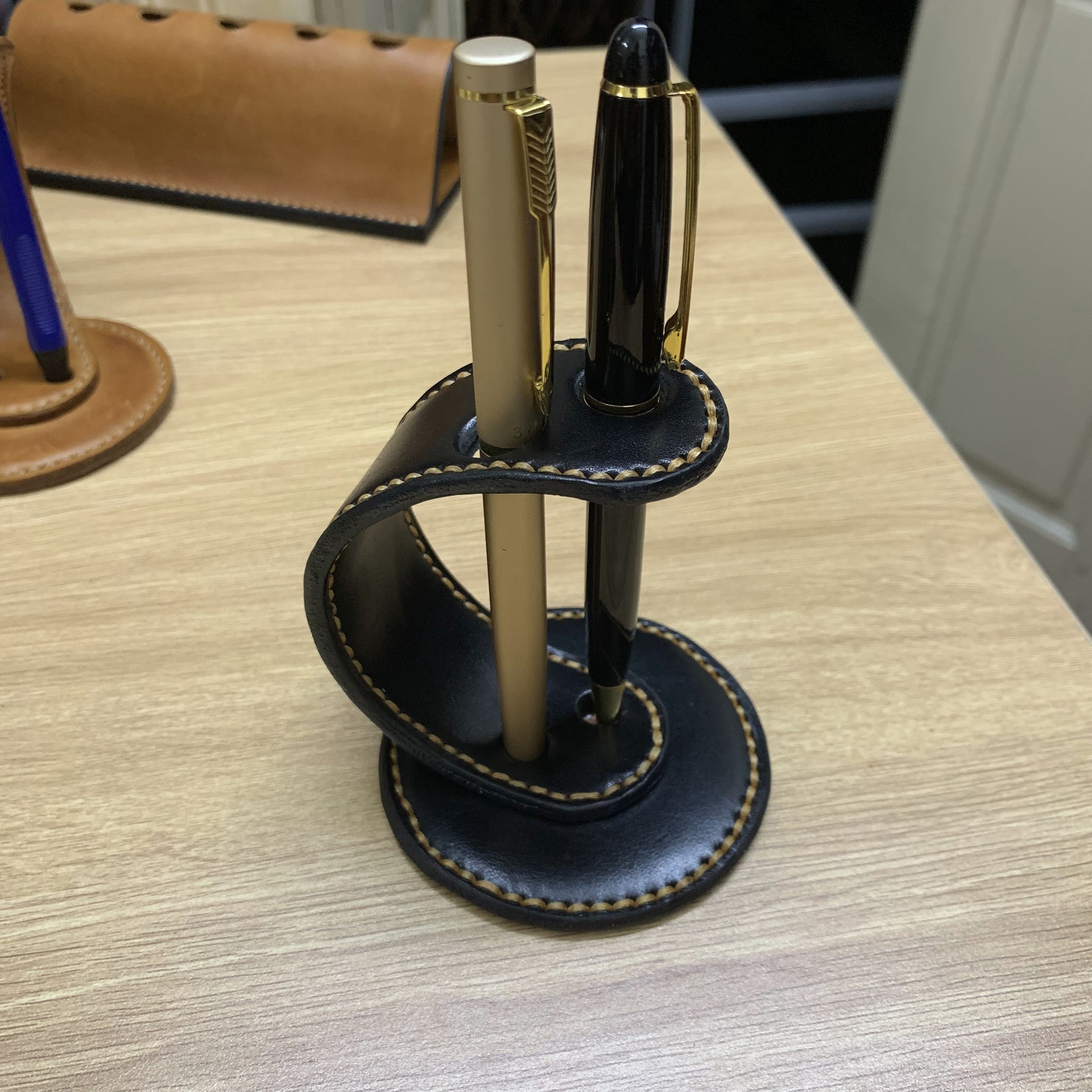 Black Leather Pen Holder, Leather Desk Pen Holder, Leather Pen Stand