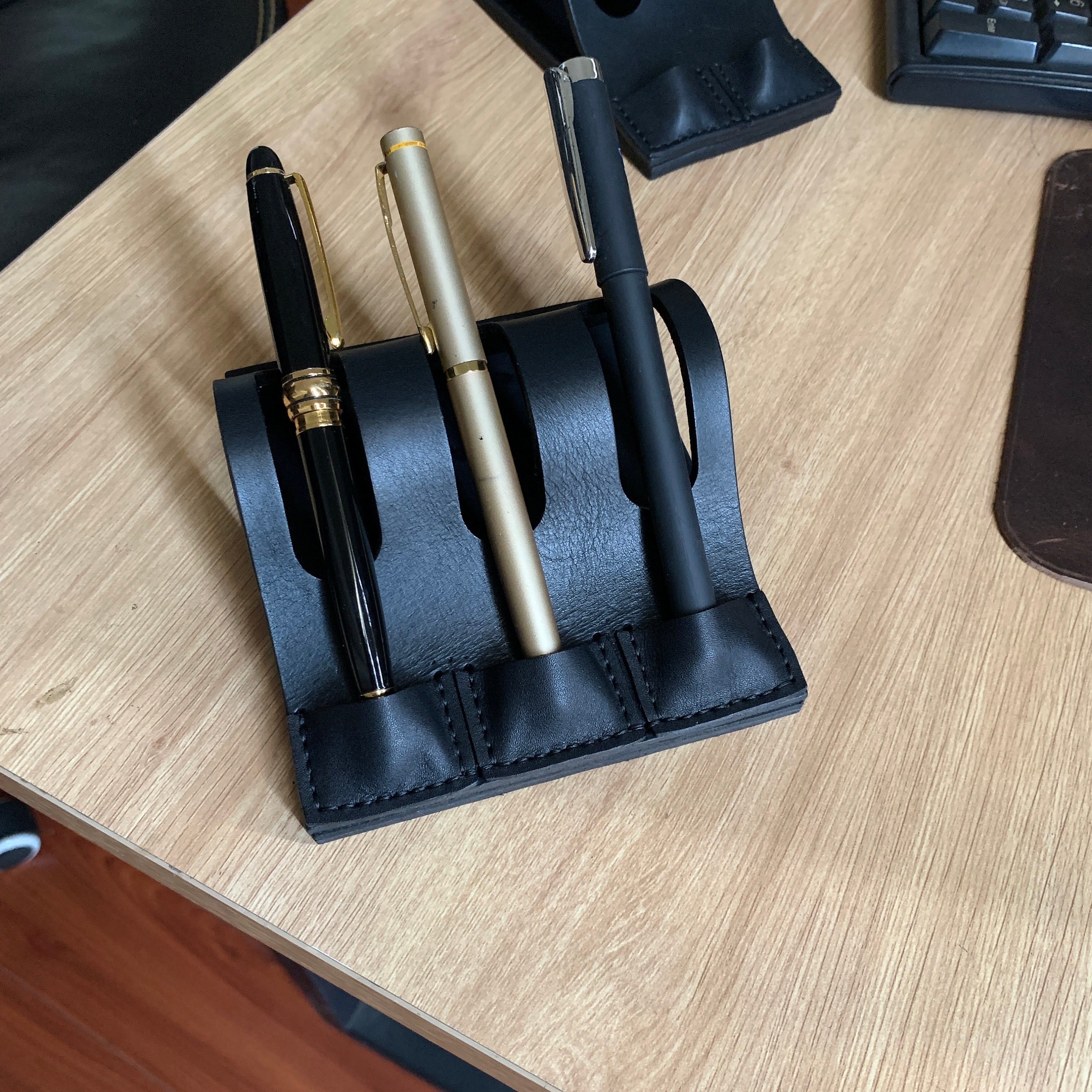 Leather Fountain Pen Stand, Black Leather Pen Holder, Leather Desk Pen