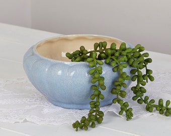 Vintage Light Blue Round Ceramic Planter, Cottagecore Planter