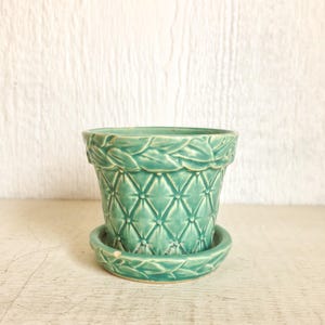 McCoy Pottery Quilted Planter with Attached Saucer in Turquoise