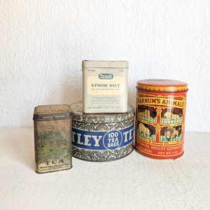 Vintage Collectible Metal Tins, Tetly Tea Tin, Animal Cracker Tin, Epsom Salts Tin, White Villa Tea Tin