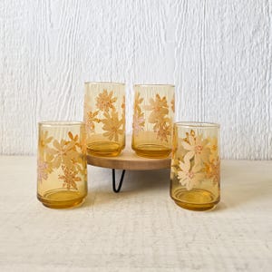 Amber Juice Glasses with Embellished Flowers, Set of 4