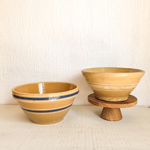 Antique Yellow Ware Watt Mixing Bowl #8, Banded Rim, Yellow and Blue Stripes, Rustic, Farmhouse, Kitchen, Stoneware, USA